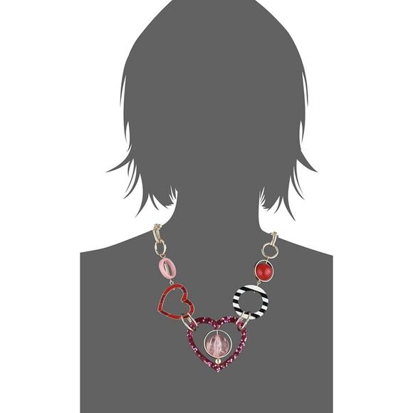 Betsey Johnson Modern Red Pink Mixed Heart & Bead Shapes Statement Necklace - Picture 9 of 16